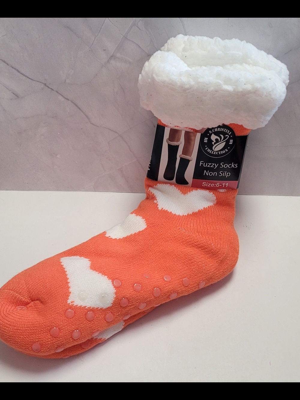 S Christina Orange Fuzzy Slipper Socks With Hearts